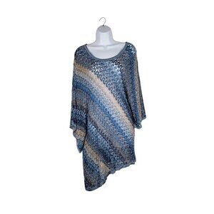 Nic + Zoe Asymmetrical Sweater Open Crochet Knit Poncho Blue Stripe Size 3X